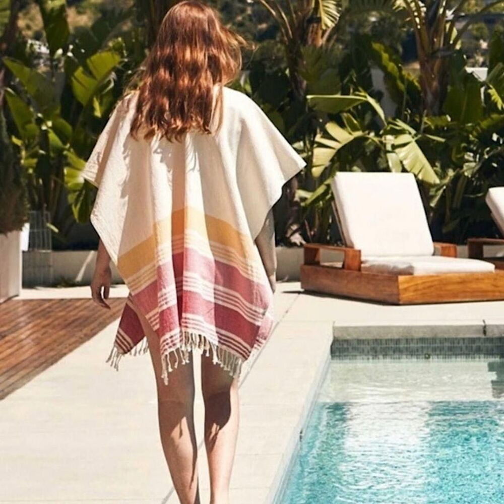 Handmade Bohemian Tribe Alive Striped Fringed Cotton Beach Cover Up Poncho OS